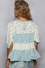 Ivory Blue Round neck short sleeve embroidered print POL top