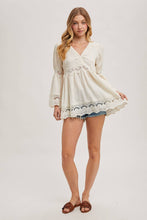 Ecru Lace Trimmed Bell Sleeve V Neck Blouse