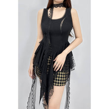 Black Lace Panel Sleeveless Top with Sheer Layered Hem