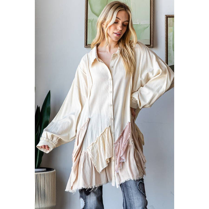 Taupe Ruffle Detail Hem Button Down Oli+Hali Shirt