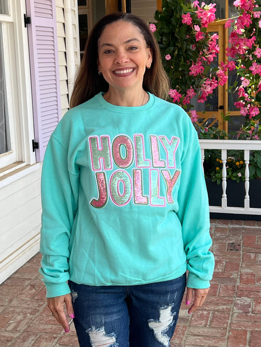Mint Holly Jolly Sequin Patch Christmas sweatshirt