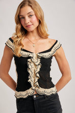 Black Combo Crochet Ruffled Knit Top