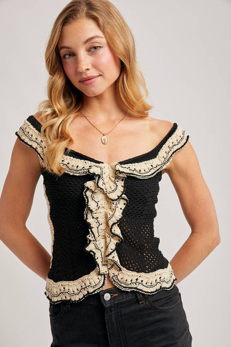 Black Combo Crochet Ruffled Knit Top