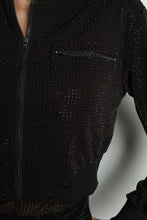 Black Rhinestone Zip Up Cropped Bomber Jacket
