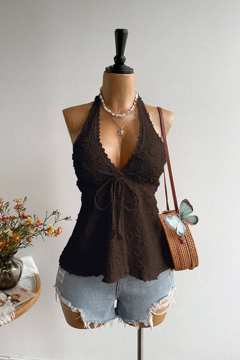 Brown Halter Tie Back Floral Camisole Top