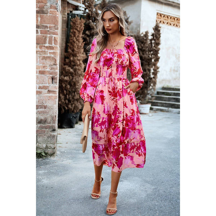Pink Floral High Elastic Waist Square Neck Pocket Dress