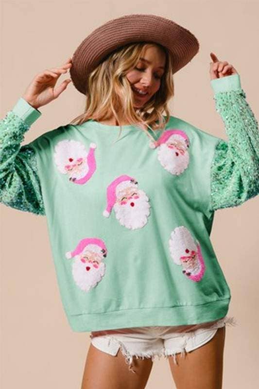 Light Green Festive Sequin Santa Sweatshirt