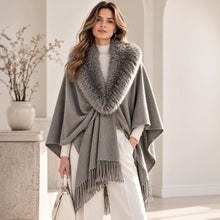 Ivory Faux Fur Collar Trim Fringe Shawl Poncho