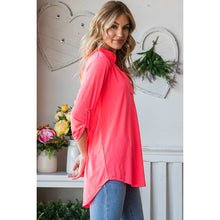 Neon Pink Roll Up Button Sleeve Collar Solid Top