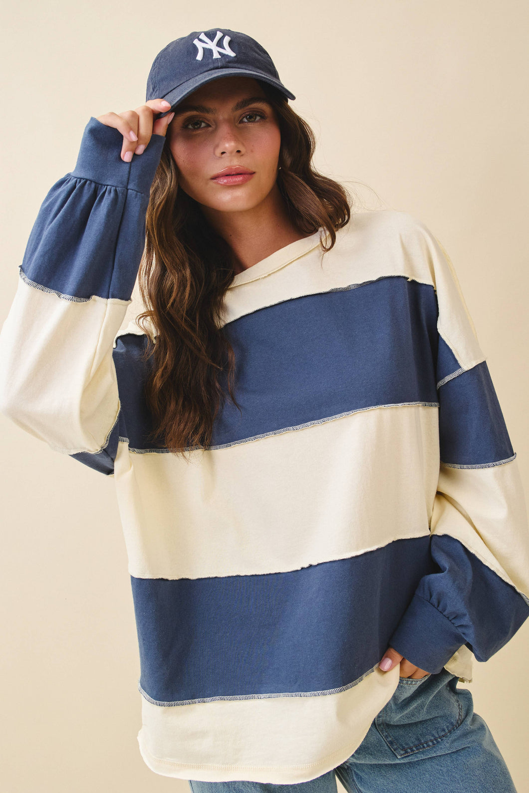Pineapple Navy Oversized Color Block Long Sleeve Pullover