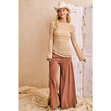 Tan Textured Lace Knit Diagonal Hemling Vell Sleeve Top