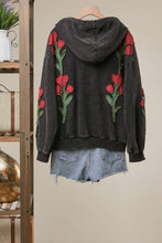 Black Floral Embroidered Zip-Up Hoodie