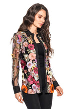 Black Button Down Top with Floral Multi Color Embroidery