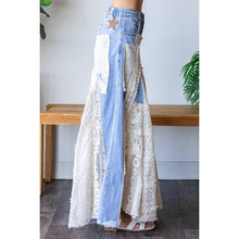 Denim Lace Insert Ruffle Flare Wide Leg Oli+Hali Pants