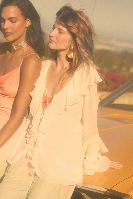 Cream Sheer Chiffon Tie-Front Ruffled Poet Blouse