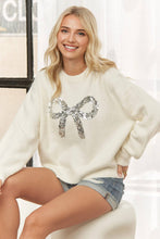 Ivory Front Sequin Bow Crewneck Sweater