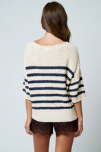 STRIPE TEXTURED KNIT HALF SLEEVE KNIT SWEATER (PRE-ORDER): NAVY