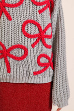 Grey Red Sugarplum Bow Knit Sweater