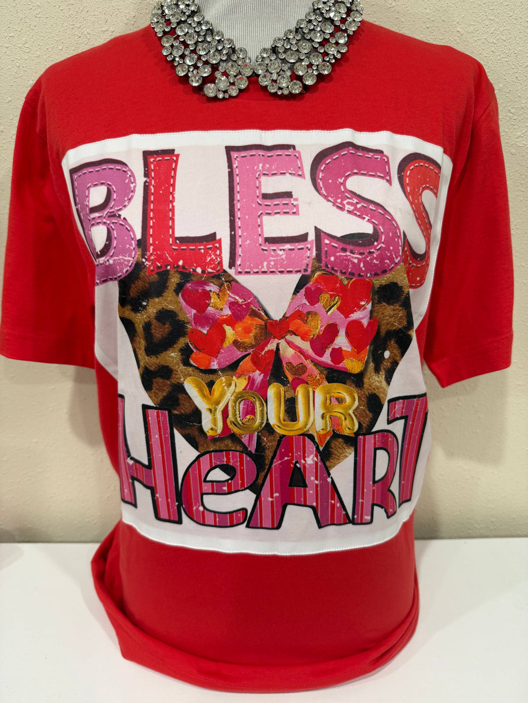 Bling Bless Your Heart Leopard Heart with Bow Patch on Red Crew Tee