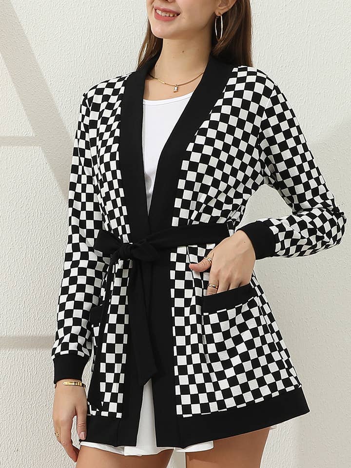 Black White Plaid Long Sleeve Short Cardigan