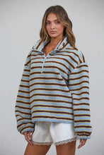 Blue Brown Relaxed Sherpa Striped Half Zip Pullover