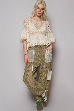 Natural Round neck short sleeve floral eyelet crochet POL top