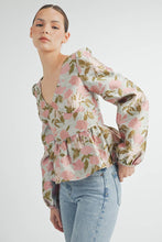 Pink Floral Jacquard Peplum Blouse