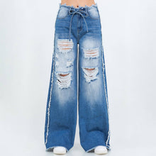Blue Wash Drawstring Distressed Wide Jeans