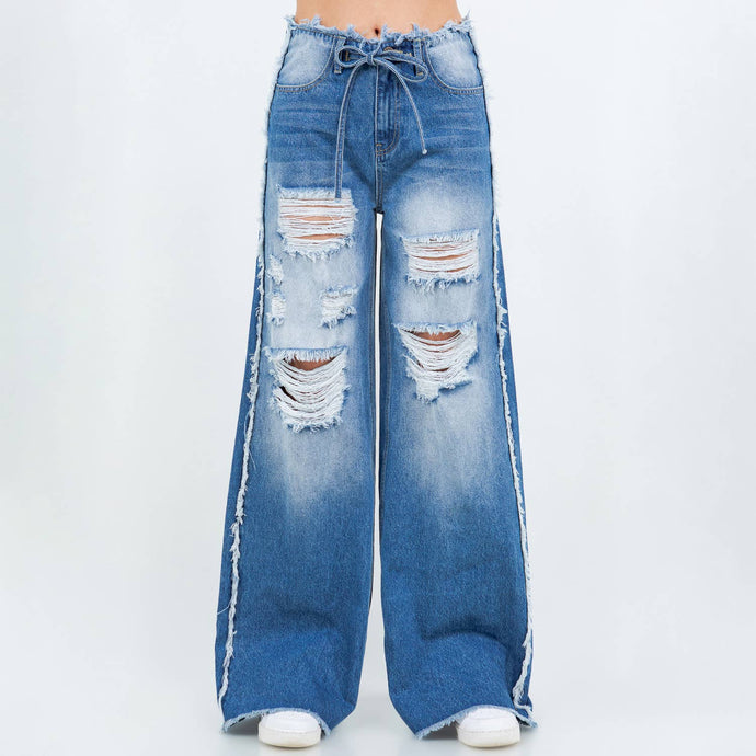 Blue Wash Drawstring Distressed Wide Jeans