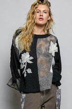 Black Round Neck Long Sleeve Crochet Embroidered Patch Lace POL Top
