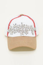 White Tan Baseball Themed Floral Vine Glitz Cap, Adjustable: