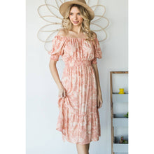 Peach Vintage Floral Square Neck Midi Dress