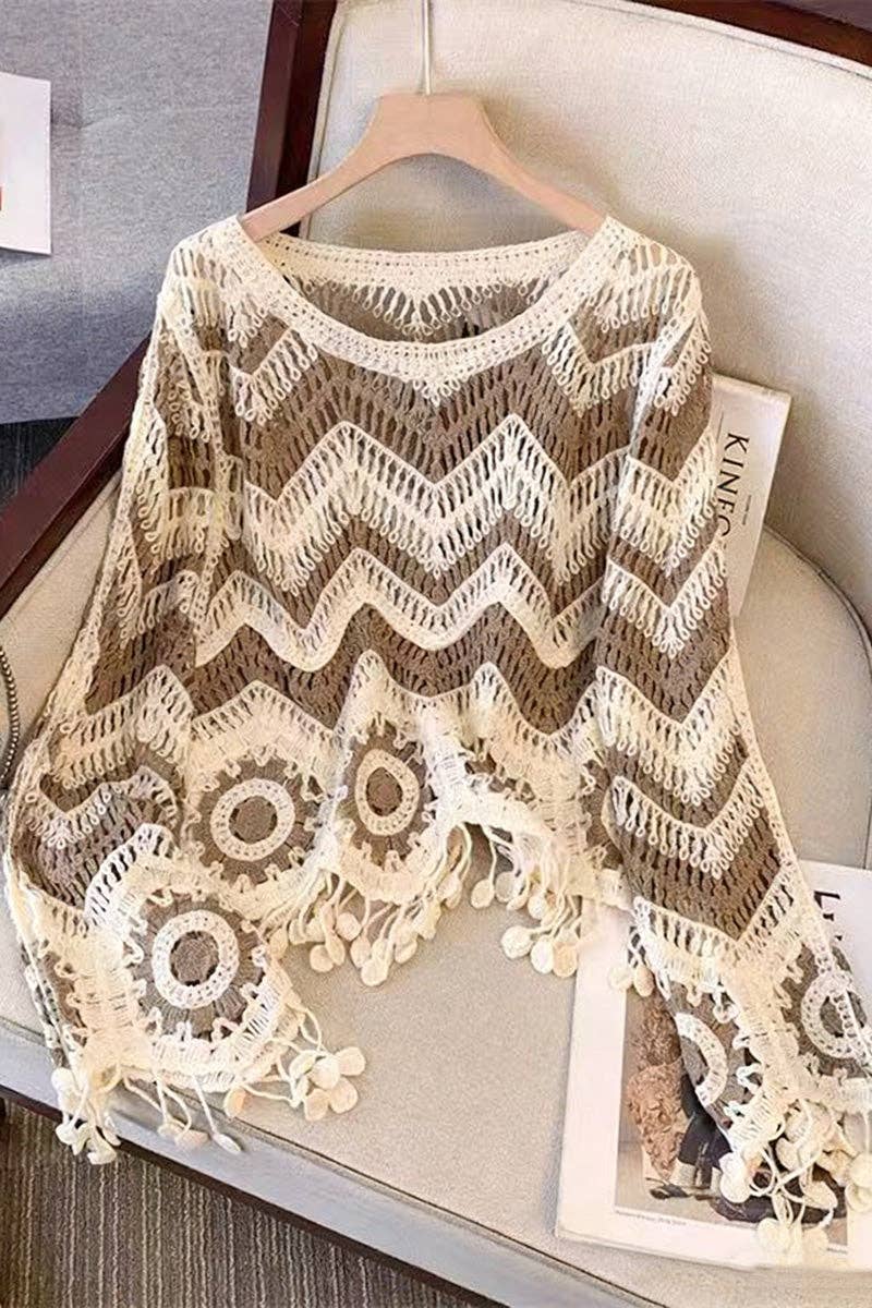 Khaki Zigzag Pattern Fringed Sweater