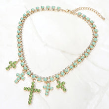 Blue Gold Opal Crystal Cross Charm Station Layered Statement Necklace