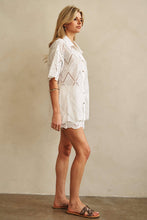 White Short Sleeve Collared Button Down Lace Mello Shirt