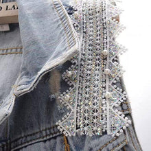Blue Lace Beaded Denim Vest with POLO Collar