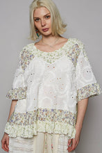 Off White Round neck short sleeve floral textured woven POL top