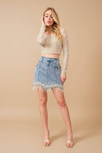 Medium Wash Stretch Denim Embellished Pearl Fringe Mini Skirt