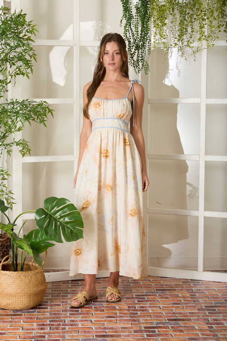 Cream Multi Watercolor Floral Spaghetti Strap Midi Dress