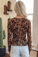 Brown Floral Print Mock Neck Sheer Mesh Long Sleeve Top