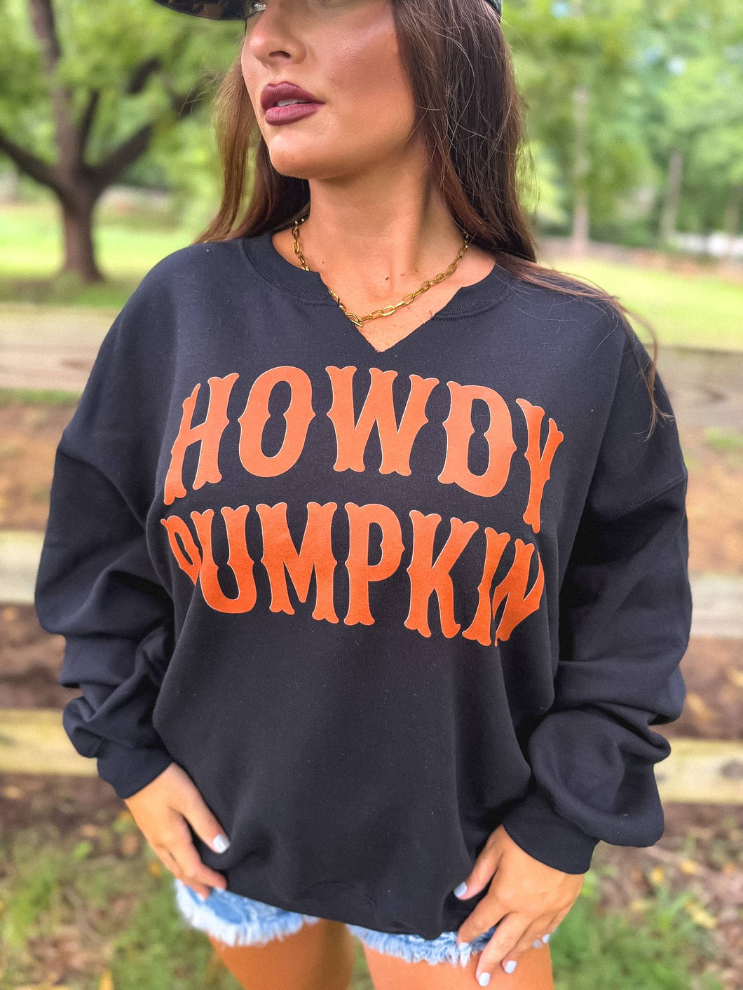 Black Howdy Pumpkin Split Neck Graphic Tee