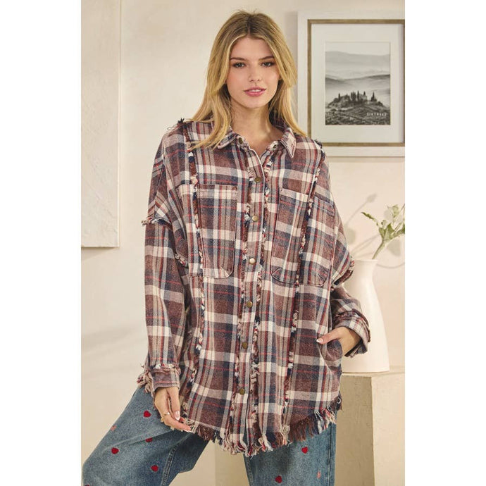 Washed Navy Plaid Snap Button Down Oli+Hali Jacket