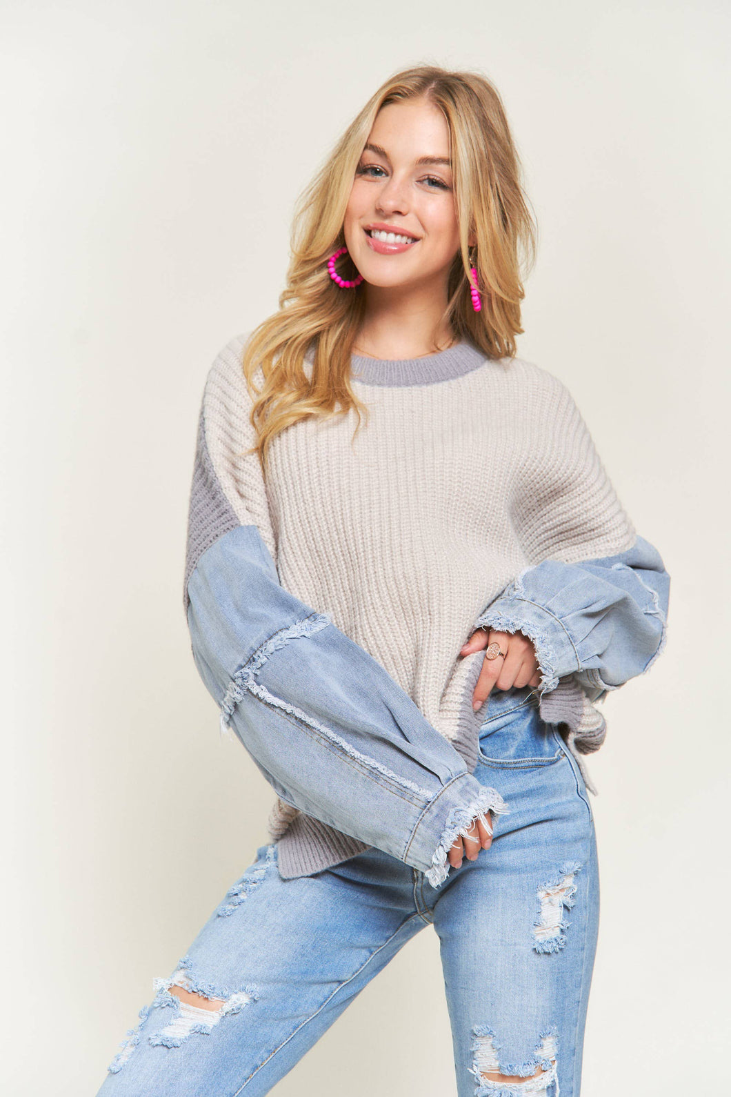 Grey Colorblock Denim Sleeve Sweater