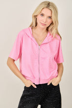 IJ3526 Rhinestone-Adorned Short Sleeve Zip-Up Hoodie Jacket: Black / L