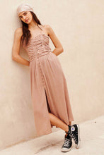 Taupe Solid Sweetheart Neck Lace Chiffon Midi Dress