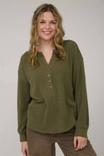 Olive Washed Ribbed Long Sleeve Henley Knit Top
