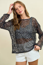 Black Open Knit Sequin Long Sleeve Slouchy Top
