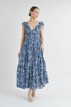 Blue Ruffle Tiered V-neck Maxi Dress