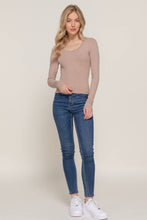 Khaki Long Sleeve Scoop Neck with Lace Trim Rib Knit Top