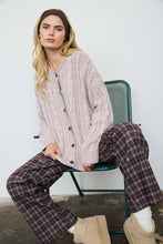 WASHED PATTERN CABLE KNIT BUTTON DOWN CARDIGAN: LIGHT KHAKI
